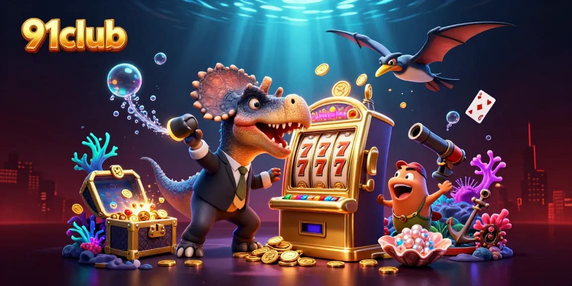 91club features a pachycephalosaurus winning coins at a slot machine in a vibrant casino scene.