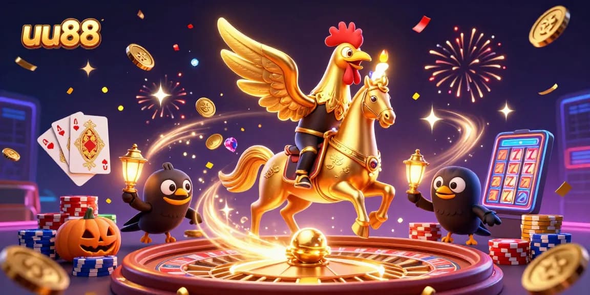 Join the fun at uu88 with a golden rooster adventuring through a vibrant casino scene full of treasures.