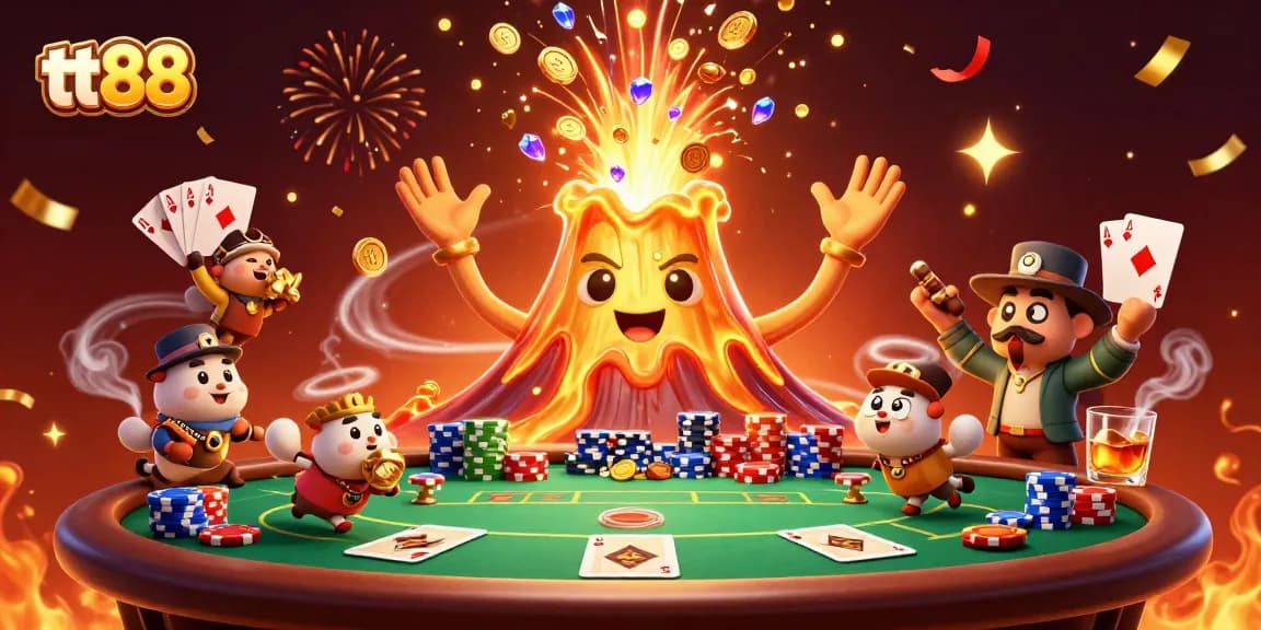 Experience the thrilling excitement of tt88 with a colorful eruption of treasures in this vibrant casino scene.
