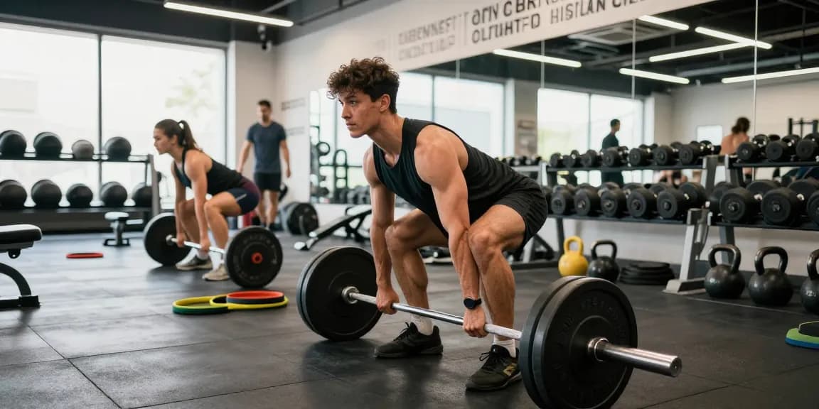Astera Shop fitness enthusiast performing a deadlift in a vibrant gym environment.