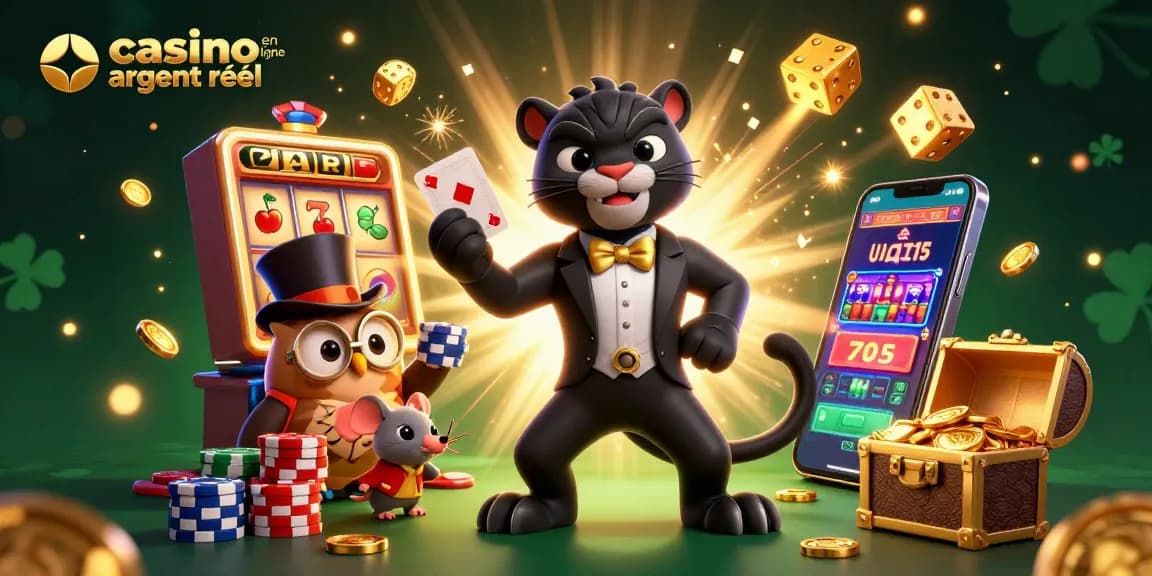 Jouez au casino en ligne argent réel avec des jackpots et des personnages fascinants dans cette illustration 3D.