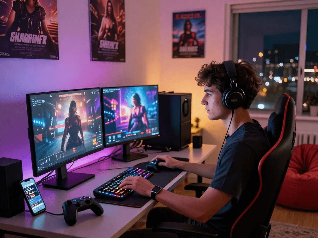 Engaging young adult playing sex games in a modern gaming setup