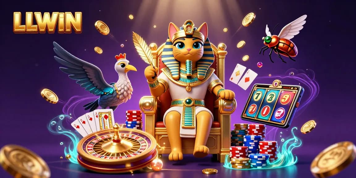 LLWIN offers a vibrant casino experience showcasing an Egyptian pharaoh cat amid dynamic gaming symbols and elements.