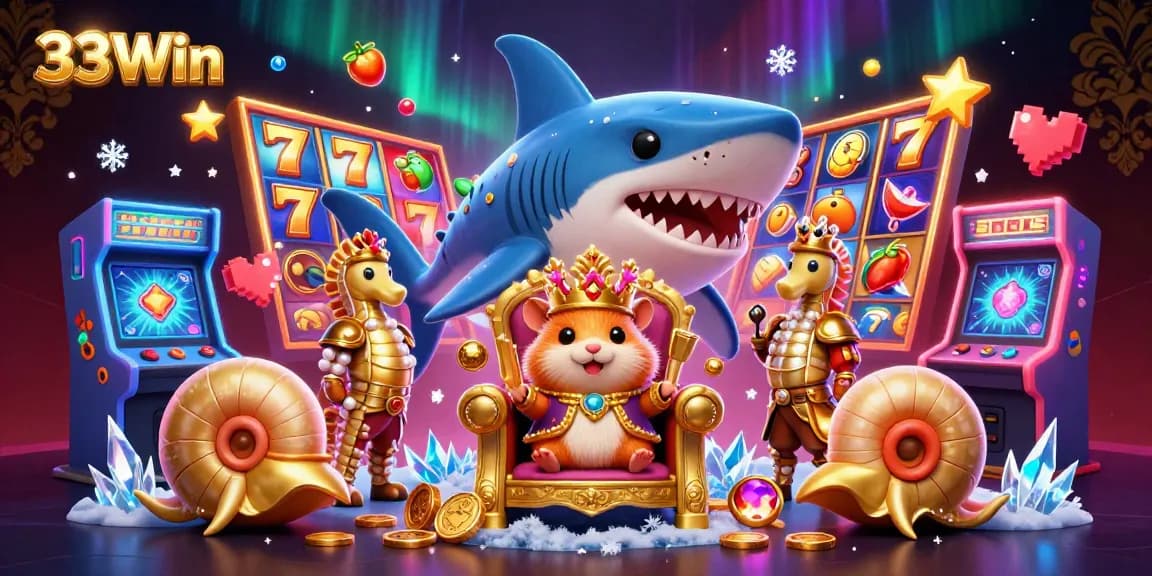 Win big at 33Win with a vibrant casino scene featuring a golden hamster king.