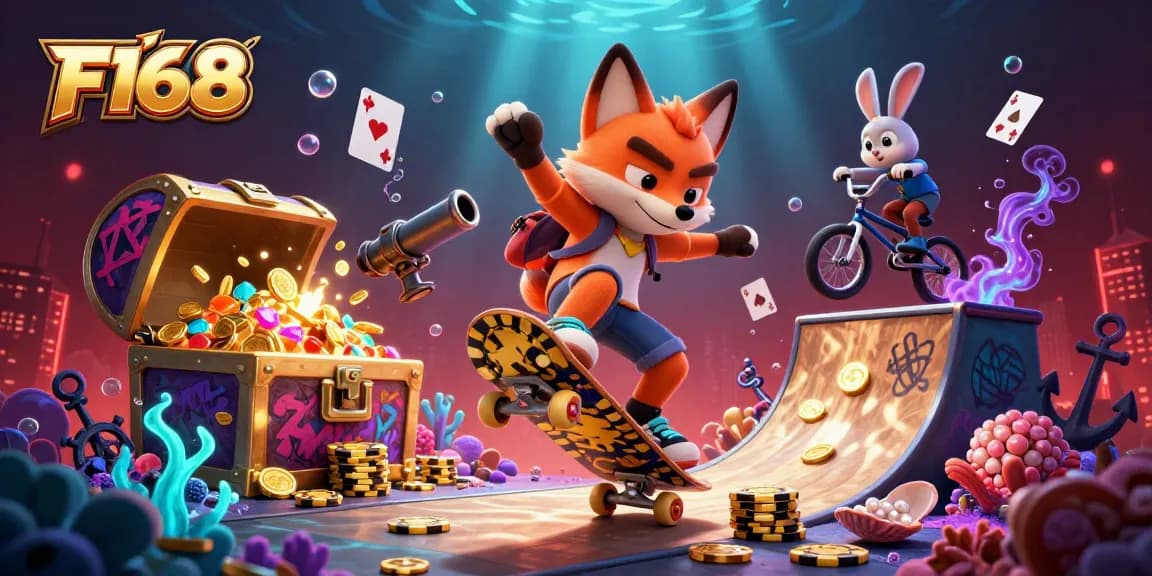 Experience excitement with F168 in a vibrant casino-themed 3D scene featuring animated characters.