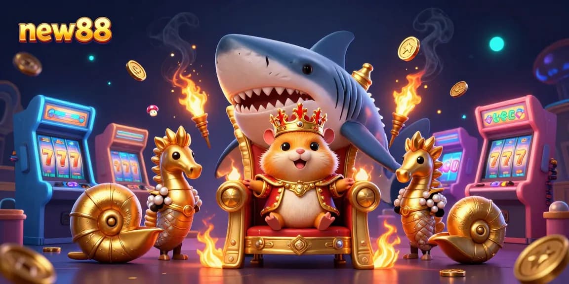 Experience the thrill of new88 with a golden hamster king amidst vibrant casino game elements.