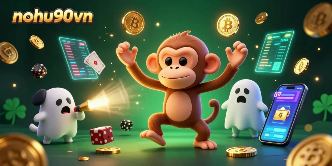 Nohu90vn showcases a ghost-hunter puppy tracking a poltergeist monkey amid glowing crypto coins.