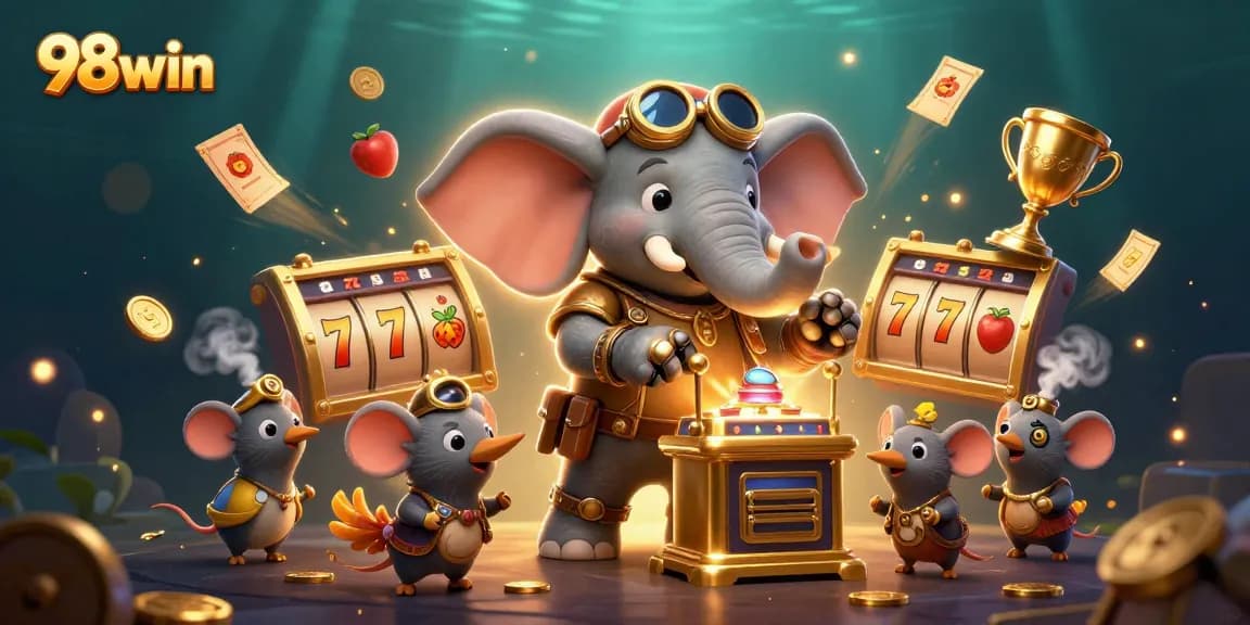 Experience thrilling gameplay with 98win's slot machine scene featuring a steampunk engineer and dynamic elements.