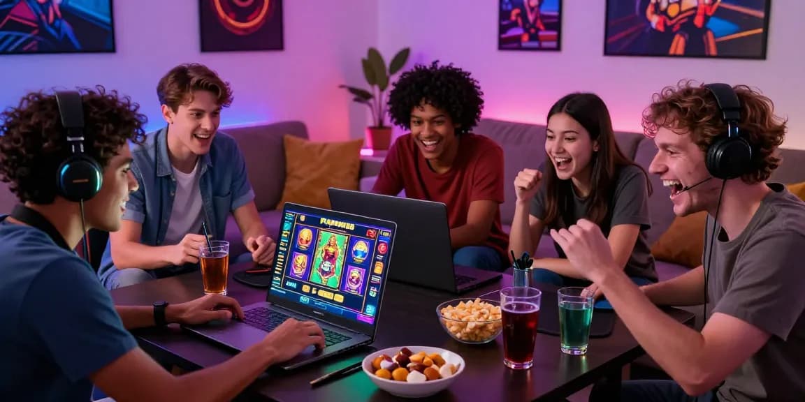Excited friends engaging with Playbook88 slot games on a laptop amidst snacks and drinks.