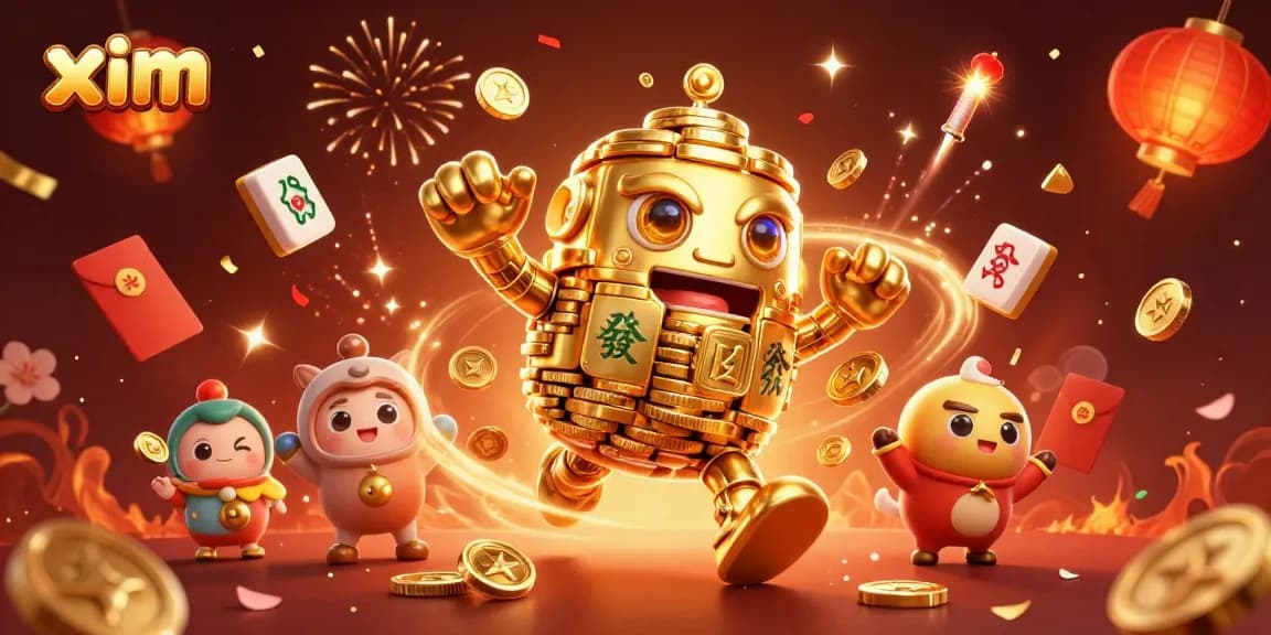 Immerse in the festive vibe of xim, featuring an animated golden golem with slot symbols and mahjong tiles.