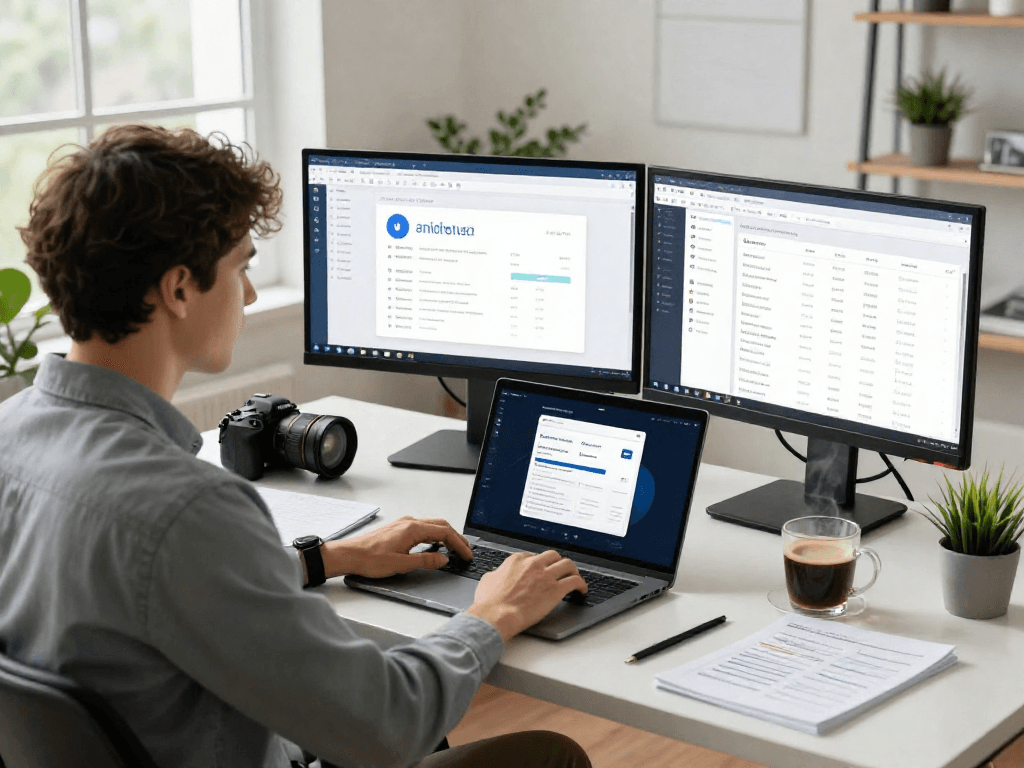 Focused professional managing multiple accounts with an antidetect browser in a modern home office.