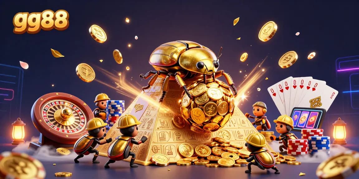 Experience excitement with gg88's golden beetle rolling coins in a vibrant casino scene.