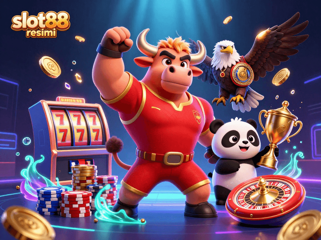 Experience the excitement of slot88 resmi with dynamic gaming elements, featuring a victorious bull mascot, eagle, and trophy.
