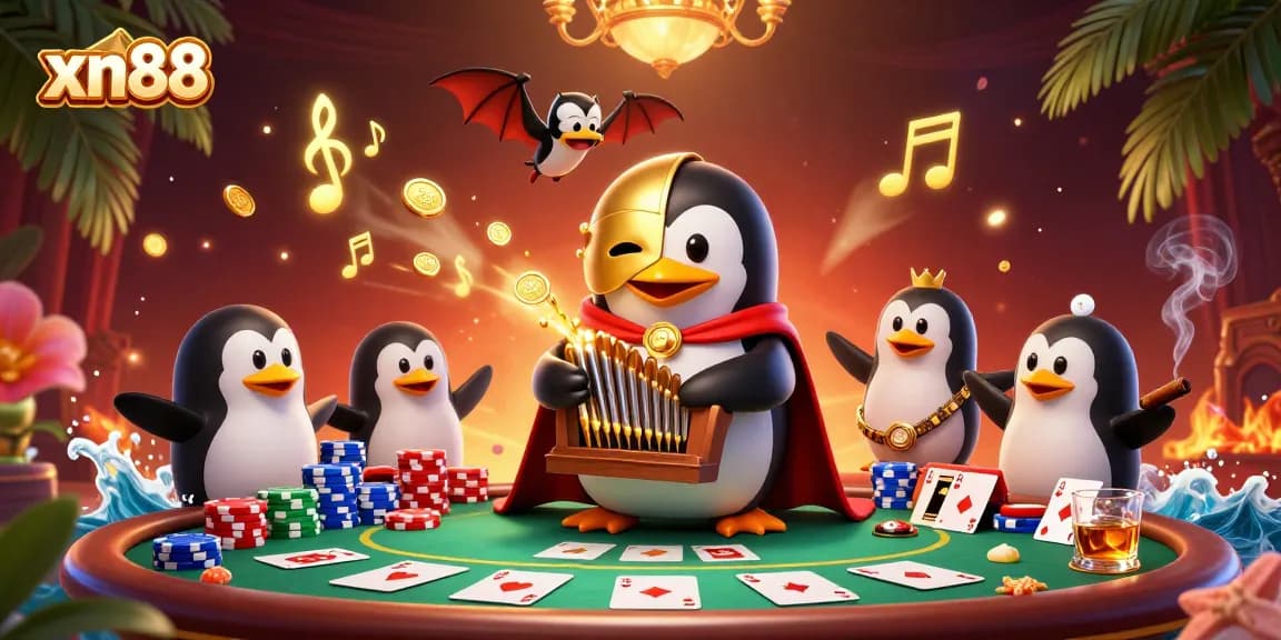 Play exciting games at xn88 with a vibrant 3D casino illustration featuring colorful poker elements.