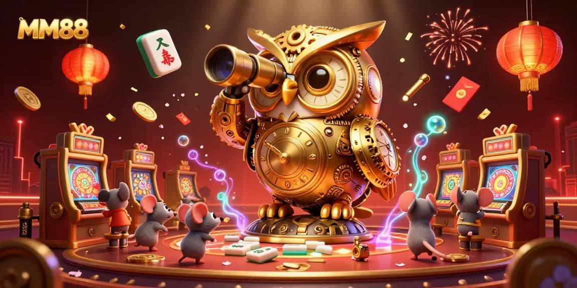 Experience the thrilling world of MM88 with a golden owl overseeing exciting casino activities.