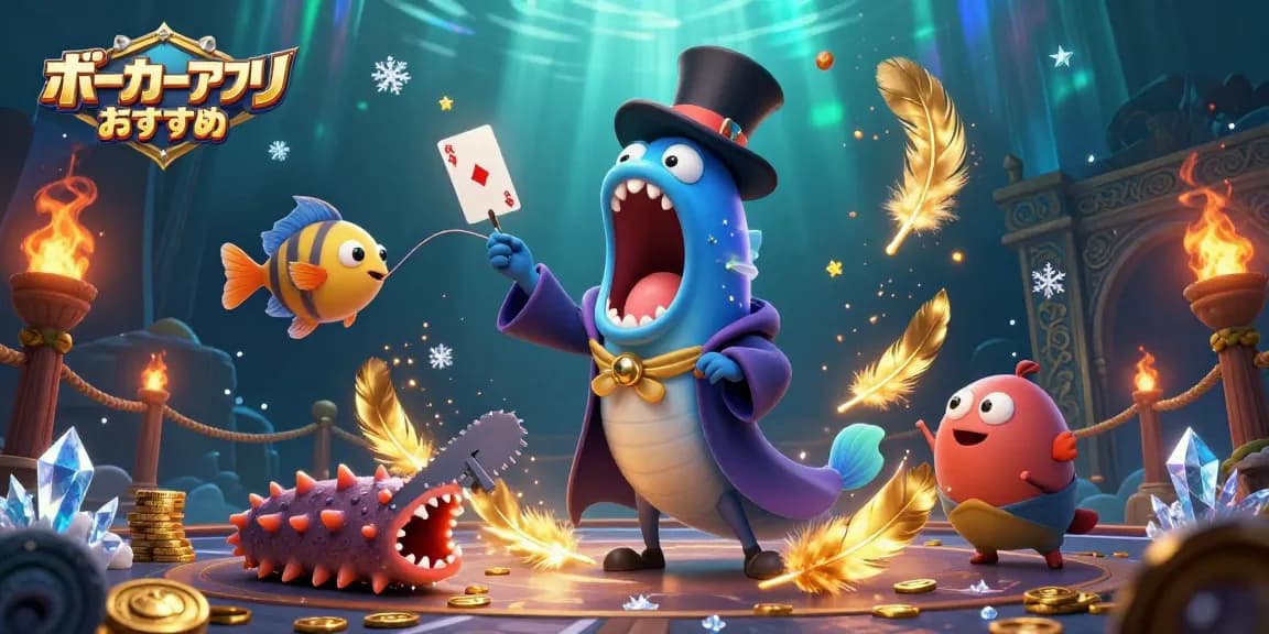 ポーカーアプリ おすすめを使ってカードマジックを披露する深海の生物たちのイラスト