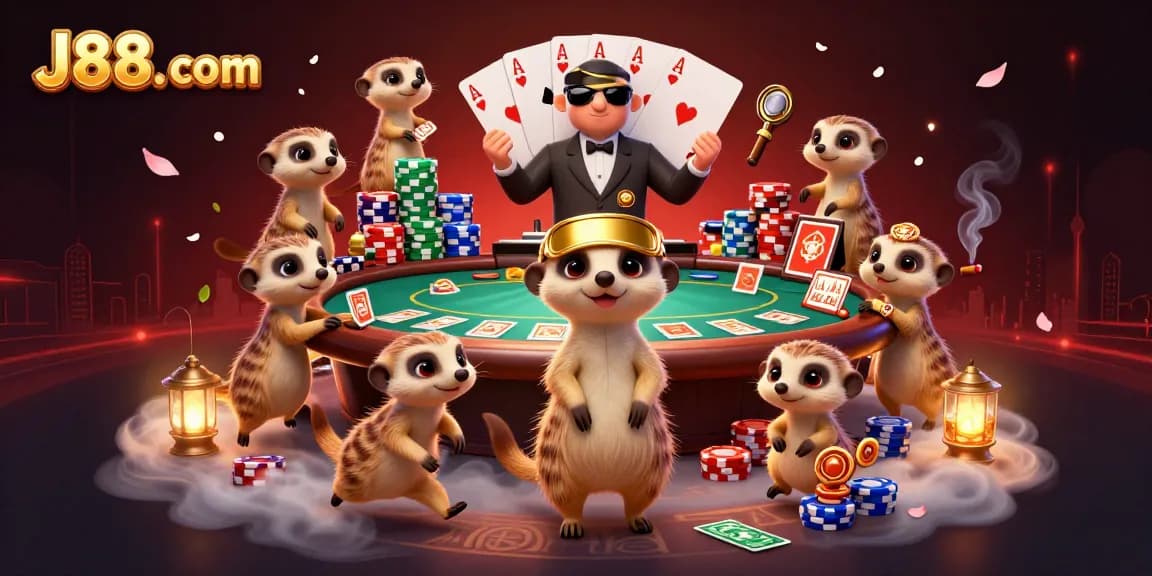 Watch the busy meerkats manage J88. com's vibrant casino scene with poker, chips, and lively action.