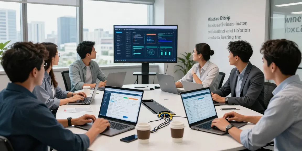 Engaged IT professionals discussing web hosting en mexico in a modern office.