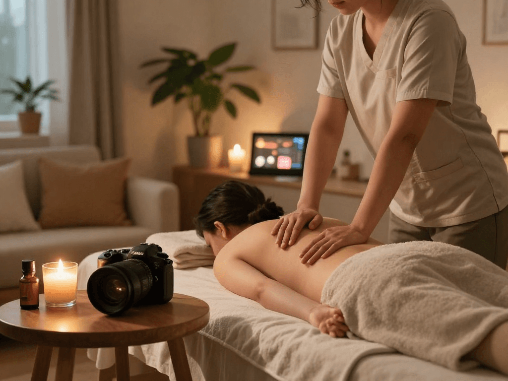 마포출장마사지 session setup with professional therapist, calming atmosphere, wellness.