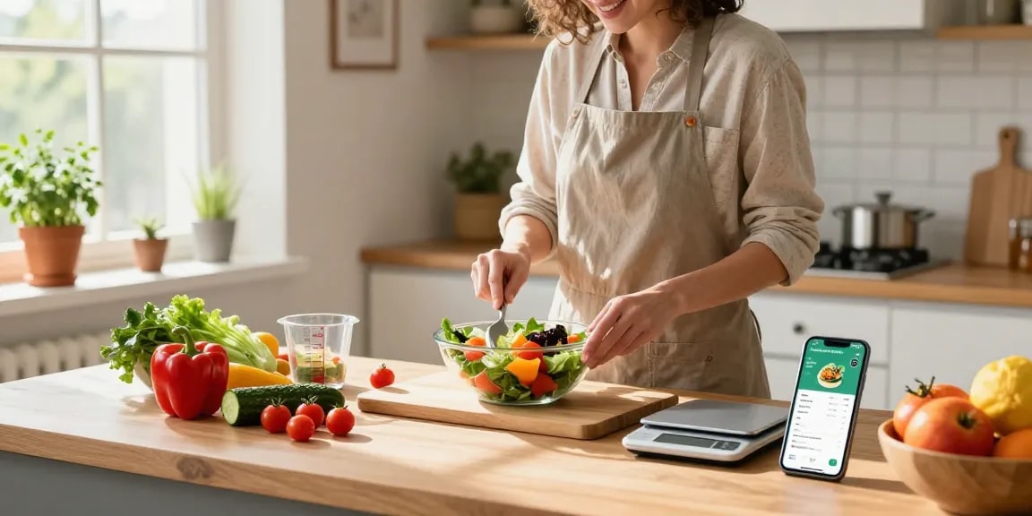 Home cook using the best nutrition app to prepare a healthy salad in a bright kitchen.