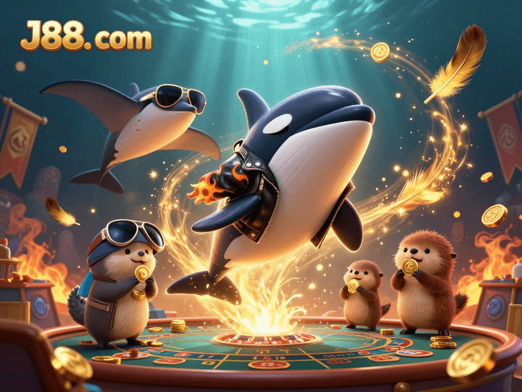 Engage with J88. com's thrilling casino experience featuring playful sea creatures and dynamic gambling elements.