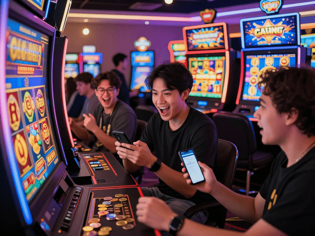 Players enjoying gacor slot games in a vibrant online casino setting with colorful screens and excitement.