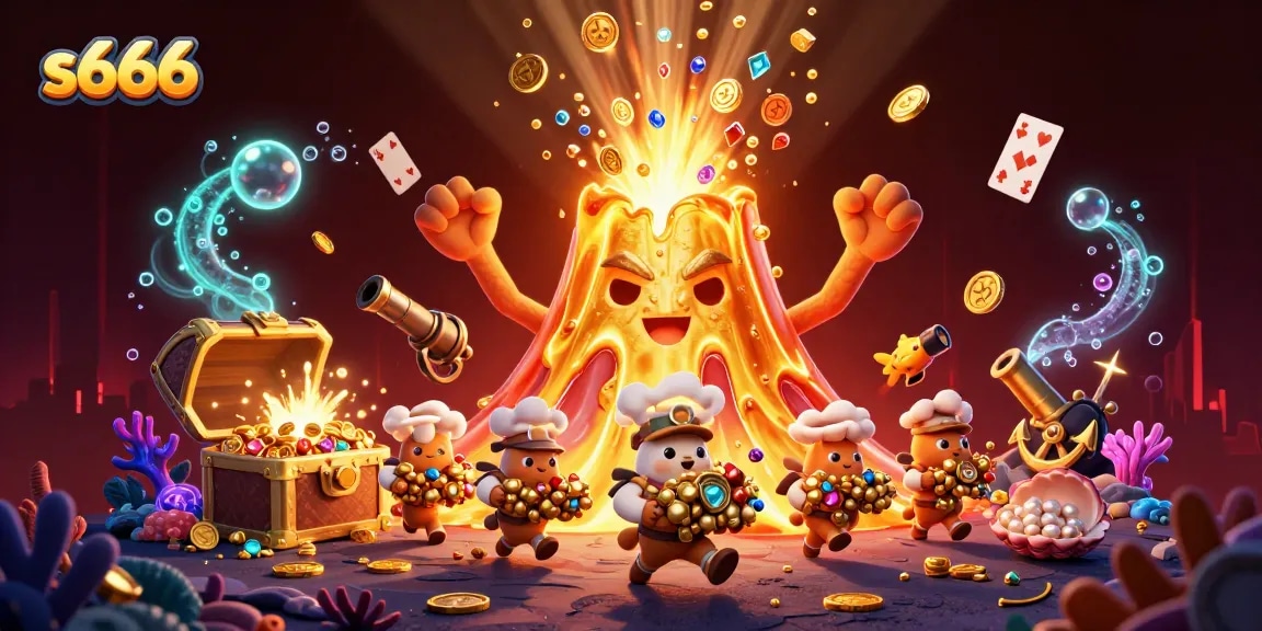 Experience thrilling gameplay with s666, featuring a golden volcano erupting treasure and animated characters.
