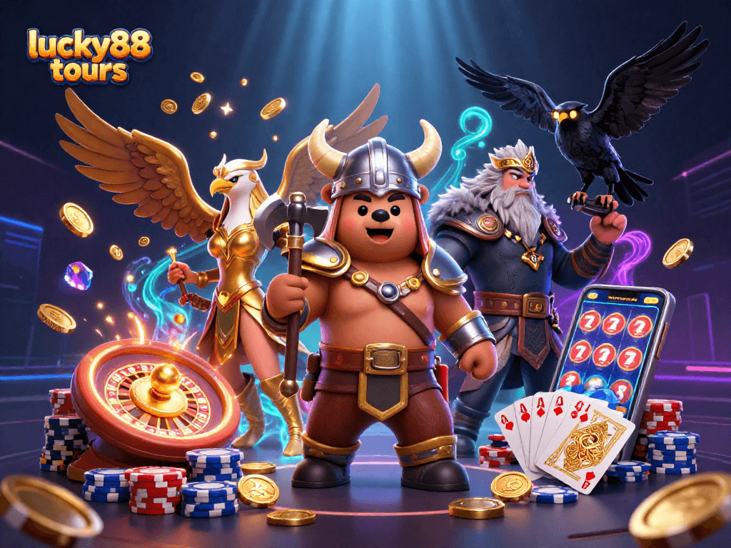 Cascade of fun and excitement in lucky88 tours with Viking bear, Valkyrie eagle, and golden casino elements.