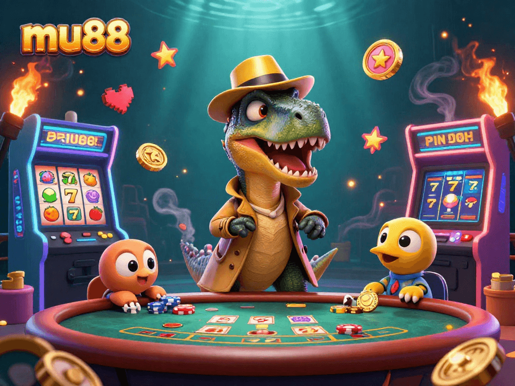 Experience exciting gameplay at mu88 casino with illustrative velociraptor card counter and vibrant slot symbols.