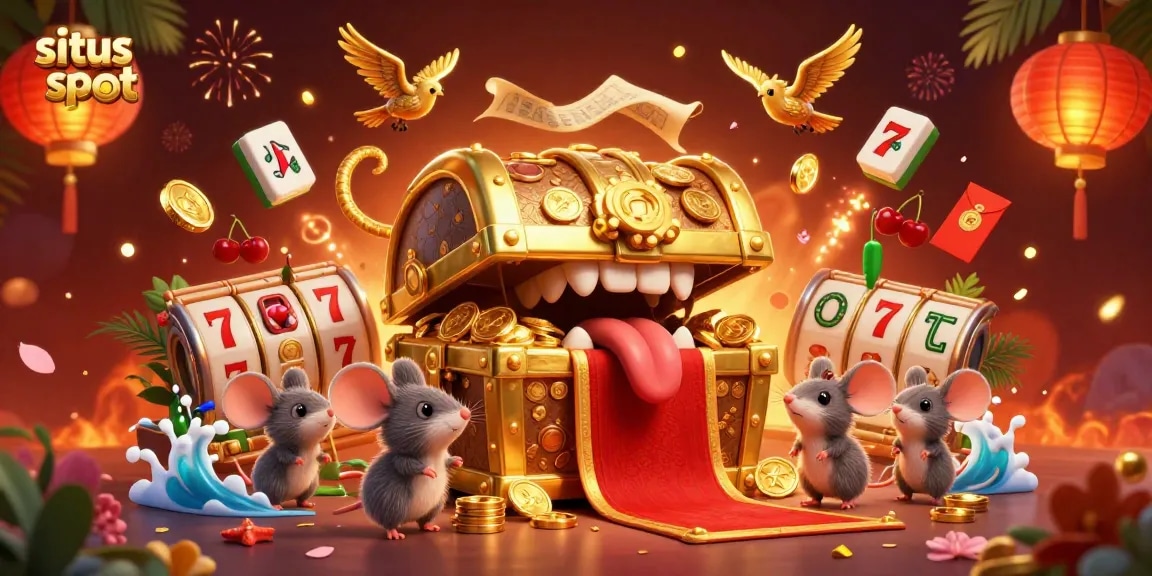 Engaging scene depicting adventurer mice lured by a situs slot treasure chest, rich in colorful casino elements.