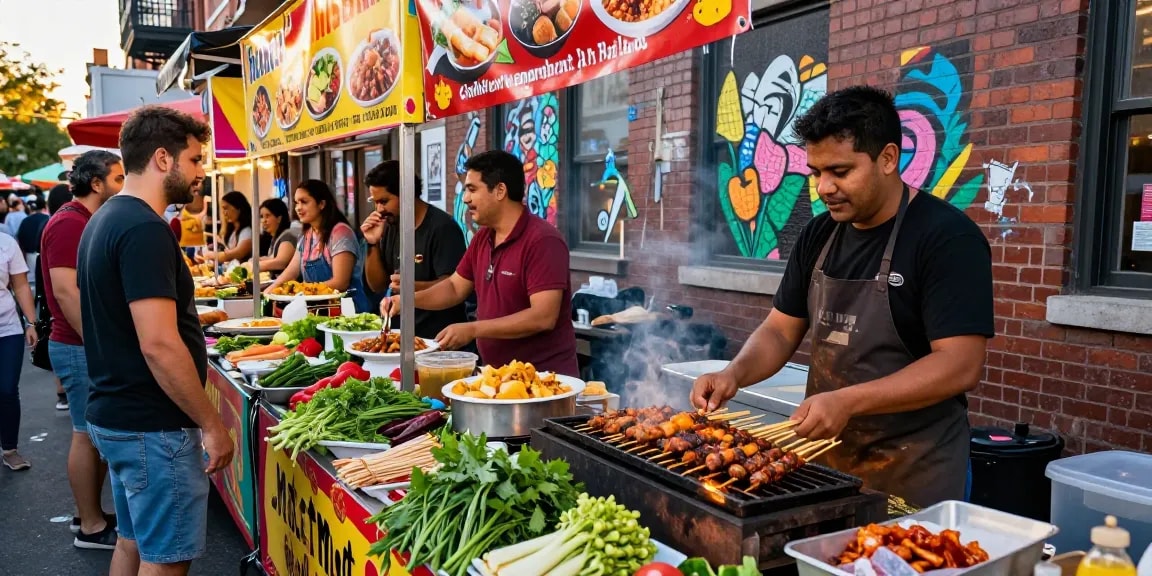 Rokok 88 skewers being grilled at a lively food market with colorful herbs.