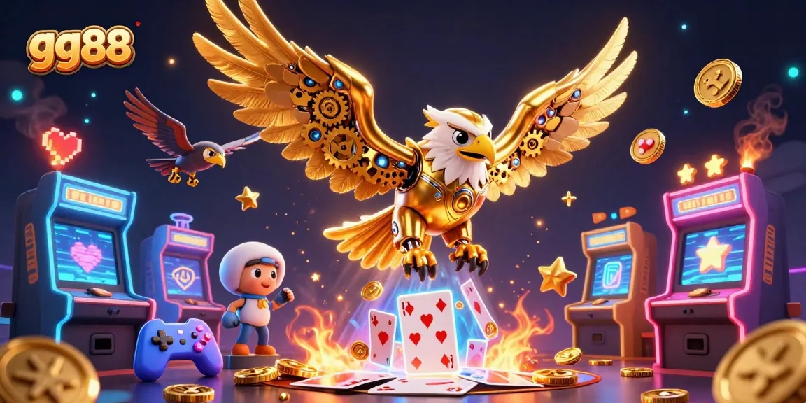 Engage with CG illustrations of the gg88 casino, showcasing golden eagle diving through vibrant game elements.