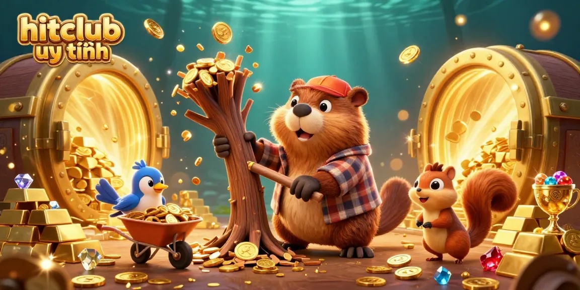 Experience the thrill with hitclub uy tín as gold coins rain down from the chopping beaver in this vibrant casino illustration.