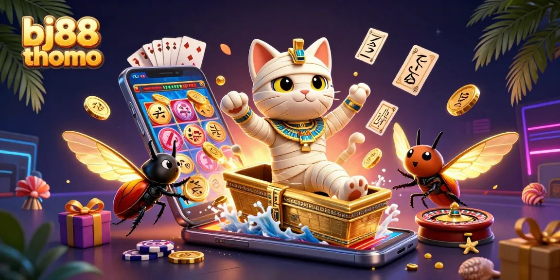 Experience the adventure of bj88 thomo with a captivating Egyptian mummy cat, casino games, and golden treasures.