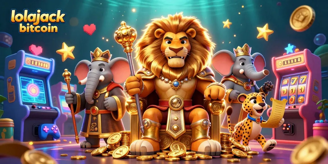 Experience the thrill of lolajack bitcoin with a 3D casino scene featuring a lion king and vibrant game elements.