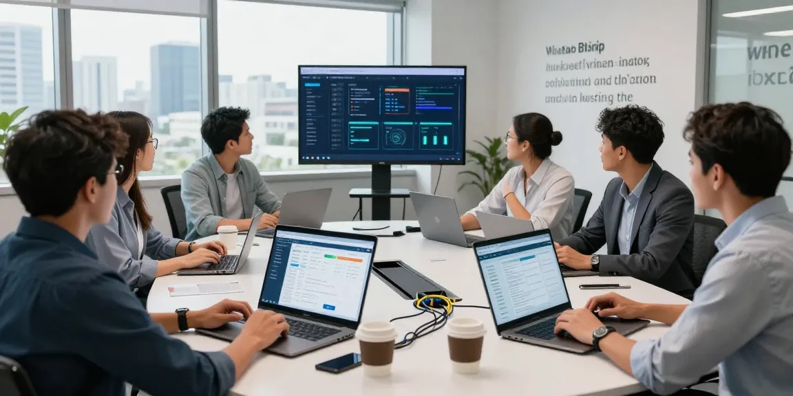 Engaged IT professionals discussing web hosting en mexico in a modern office.
