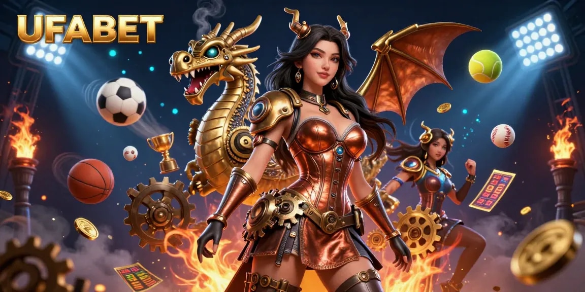 Experience high-stakes action at UFABET with this vibrant 3D illustration of dynamic casino activities and games.