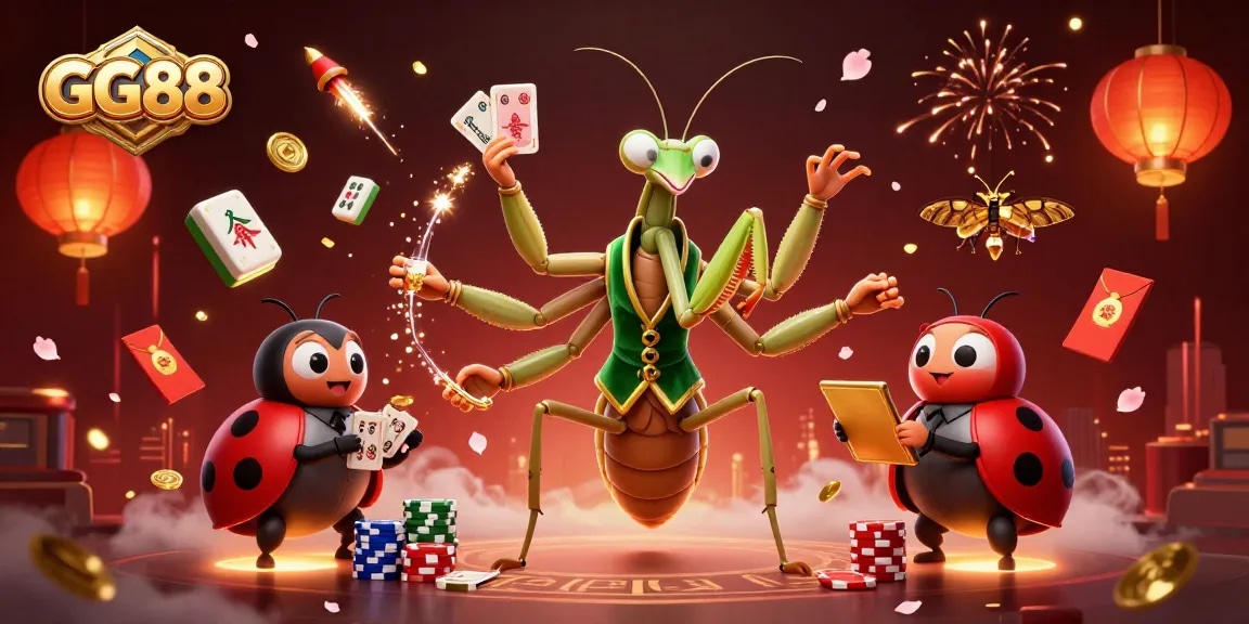 Experience the vibrant GG88 casino scene with unique characters dealing cards and celebrating wins amidst a festive atmosphere.