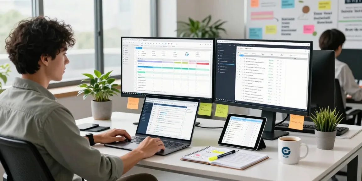 Professional using RTI scheduler software in modern office with analytics dashboard.