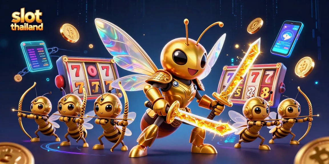Experience thrilling slot thailand action with a dynamic illustration of a giant hornet samurai and buzzing bee archers.