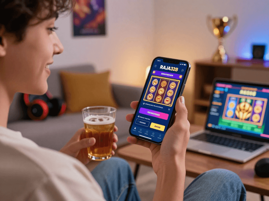 Engaging scene of a young adult using the RAJA328 app for online gaming, featuring smartphone display and cozy atmosphere.