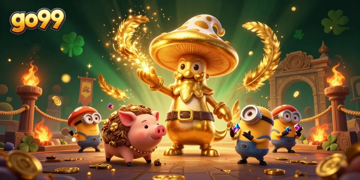 Experience go99 with a golden mushroom wizard and treasure-filled cartoon scene.