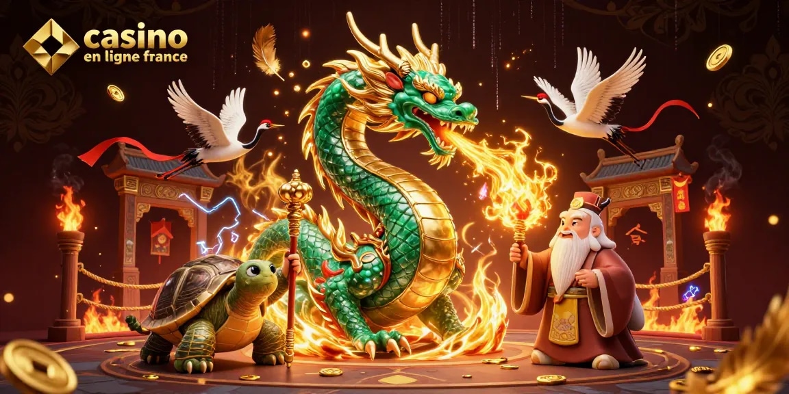 Activer des gains avec le casino en ligne France illustré par un dragon émeraude et une tortue sage dans un décor vibrant.