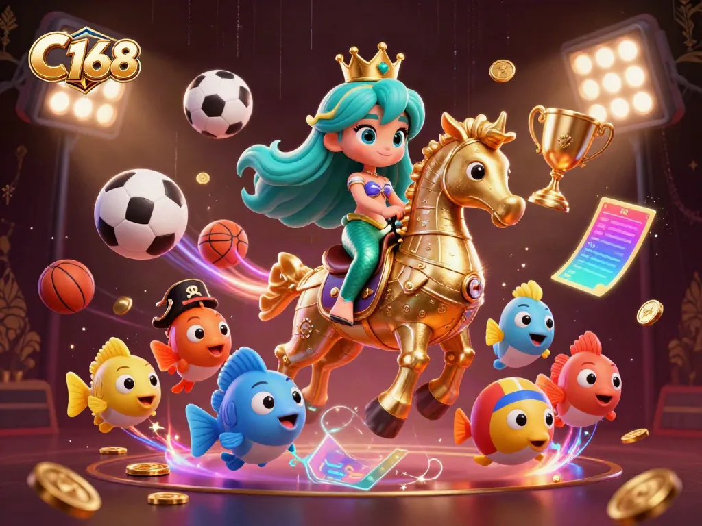 Experience the thrills of C168 with a vibrant 3D illustration depicting a mermaid princess riding a seahorse in a dynamic casino setting.