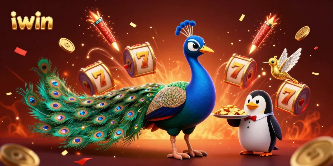 Engage with iwin's vibrant 3D casino scene featuring majestic characters, dynamic slot elements, and festive celebration.
