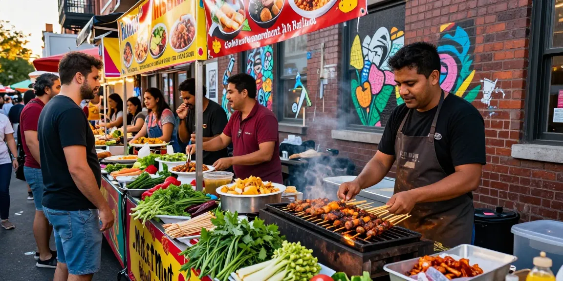Rokok 88 skewers being grilled at a lively food market with colorful herbs.