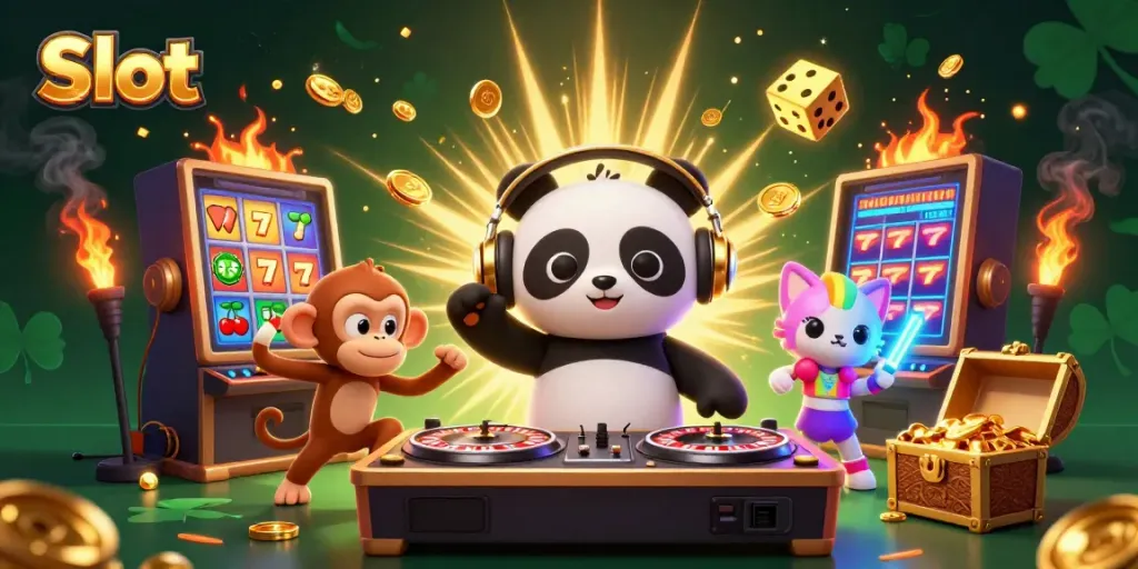 Bermain Slot dengan DJ panda, monyet breakdance, dan kucing pemandu dalam festival kasino yang cerah.