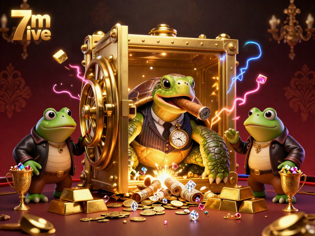 Experience 7m live with a vibrant casino scene featuring a snapping turtle, bullfrog enforcers, and treasure elements.
