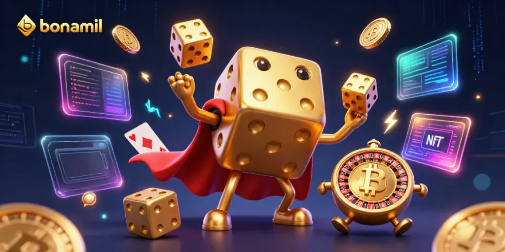 Permainan slot online bonamil yang menarik dengan karakter kartun 3D yang mengagumkan dan elemen cryptocurrency.