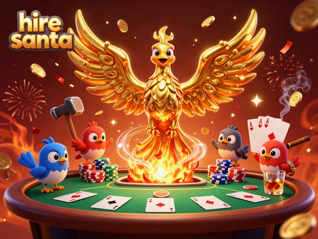Engage with your holiday magic by hiring Santa in a festive casino-themed illustration.